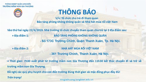 Thông báo về việc tổ chức cho trẻ đi tham quan Bảo tàng phòng không không quân và Nhà hát múa rối Việt Nam.